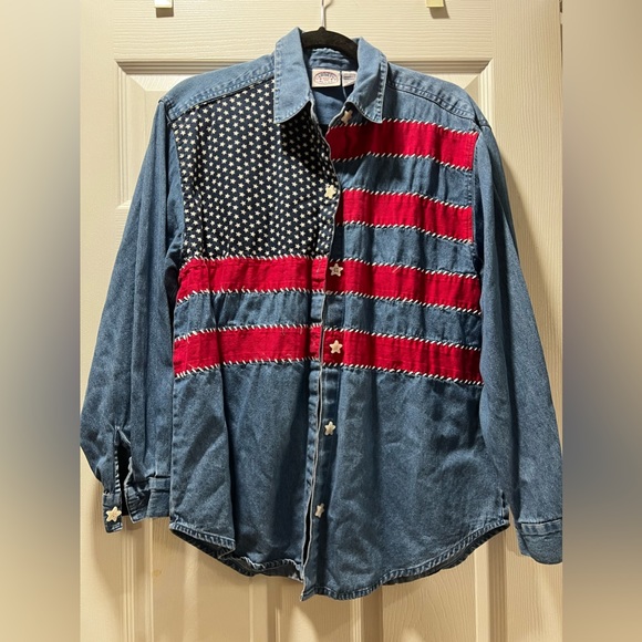 L Carolina Blues L/S USA flag denim Jean Shirt - Picture 1 of 5